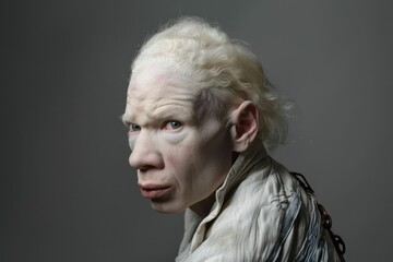 Portrait of albino man with white hair and chain around neck looking at camera in studio shot