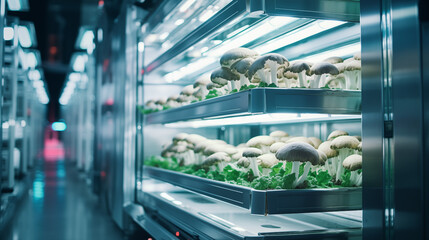 Sustainable solutions for urban agriculture. The impact of vertical farming and hydroponic technology. Organic mushrooms growing on modern mushroom farm with smart technologies. high - tech greenhouse - obrazy, fototapety, plakaty