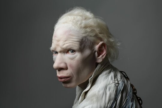 Portrait of albino man with white hair and chain around neck looking at camera in studio shot