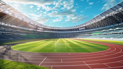 A typical football stadium includes a running track, which is a circular pathway surrounding the playing field, depicted in a descriptive explanation