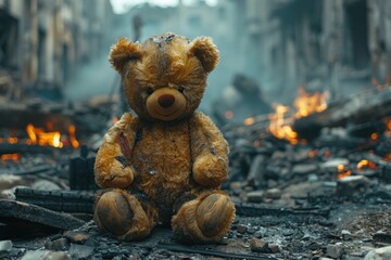 A teddy bear over the city burned in the aftermath