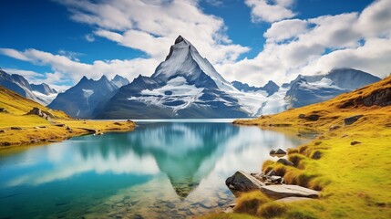 Majestic morning view of Stellisee lake with Matterhorn peak on background. Captivating autumn scene of Swiss Alps, Switzerland, Europe. Beauty of nature concept background.