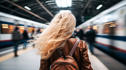 Back view of young woman with backpack on her back waiting the train at platform of subway station. Travel and vacation concept