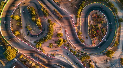 An aerial top view captures a race kart track, illustrating the track layout for auto racing with a clear view of asphalt curves and street circuits - obrazy, fototapety, plakaty