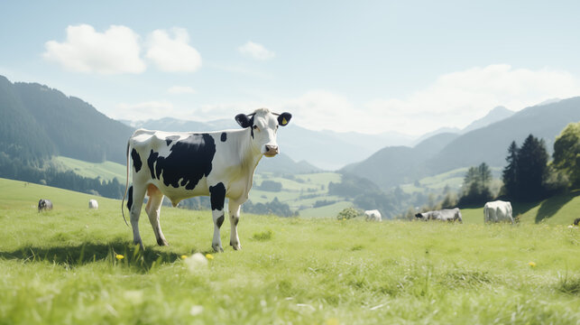 Cow on the background of sky, green grass, mountain. Dairy  cow in a meadow. 