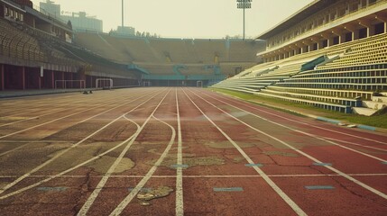 An athletics track, prepared and ready for competition, is shown devoid of people, setting the stage for upcoming events