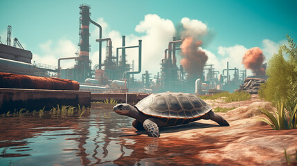 Sea turtle on the background of an industrial plant polluting the water and the atmosphere. Disease and death of reptiles and animals due to oil spills, waste and microplastics - obrazy, fototapety, plakaty