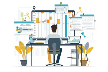 Illustration of a project manager working on task updates, milestones progress planning, and Gantt chart scheduling diagrams. 