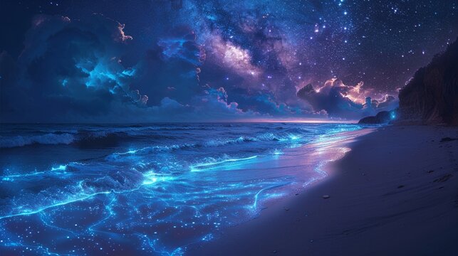 Bioluminescent beach on an alien planet, glowing waves, and starlit skies