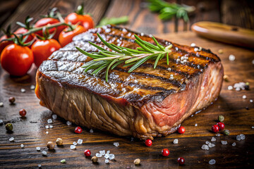 Perfectly grilled well done steak with grill marks, rosemary, salt crystals, multi-colored peppercorns, cherry tomatoes, and a wooden spoon on a rustic wooden board