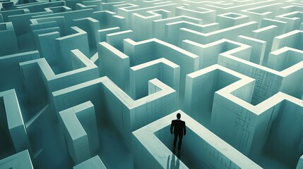 An image of a man disoriented in a complex maze, representing a surreal and abstract challenge.