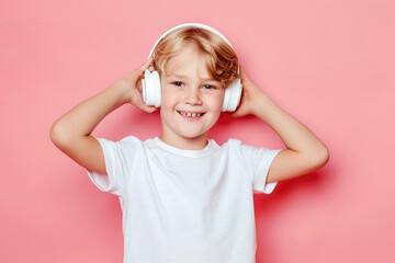 photo of happy blonde boy wearing headphones, standing against pastel pink background, white tshirt