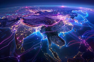 The Submarine Cable Map, seen from space, illustrates the connections of internet and communications around the globe.