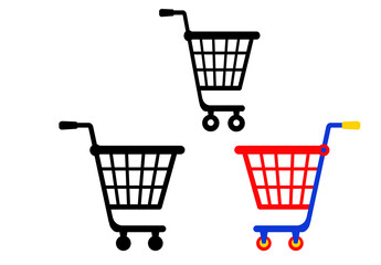 colored grocery carts for shoppers on a white isolated background, grocery store, Food crisis. Economic problems, shopping convenience concept, Food supply disruption