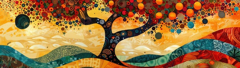 Colorful abstract painting of a tree with many circles and patterns.