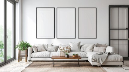 Fototapeta na wymiar 3 frame mockup on the concept of a modern living room with a comfortable sofa in scandinavian style, 3d render, 3d illustration