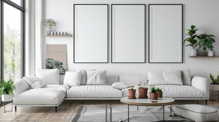 3 frame mockups on a modern living room concept with green plant decoration, 3d rendering, 3d illustration