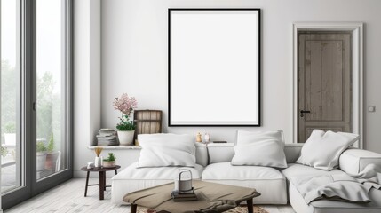 frame mockup of a modern living room concept with a comfortable sofa and a large window, 3d render, 3d illustration