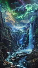 Fantasy landscape with waterfalls and a starry night sky
