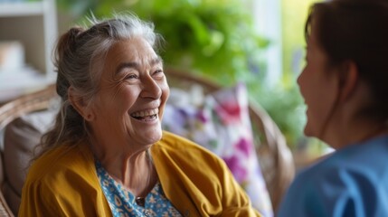 Senior Woman Sitting In Chair And Laughing With Nurse In Retirement Home - obrazy, fototapety, plakaty