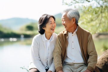 Obraz premium Asian uncle and aunt as they share tender moments walking together on the beach, their love shining bright like the sun setting on the horizon.