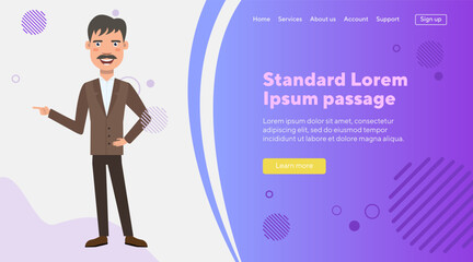 Cheerful man with mustache making presentation or advertising something. Flat vector illustration. Office employee, business, advertisement, marketing concept for website design, banner, landing page