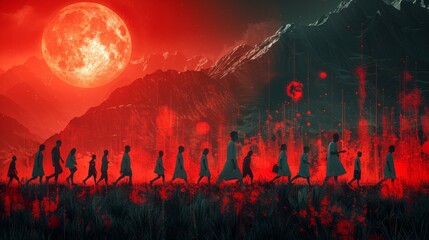 Silhouettes of people walking in front of a red full moon