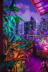 An urban rooftop garden glowing with neon plant life