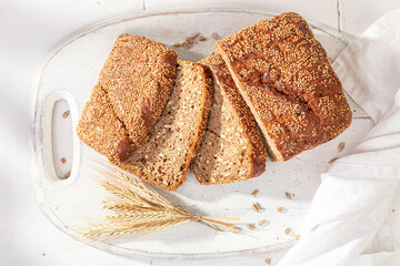 Healthy loaf of rye bread baked with rye and barley.