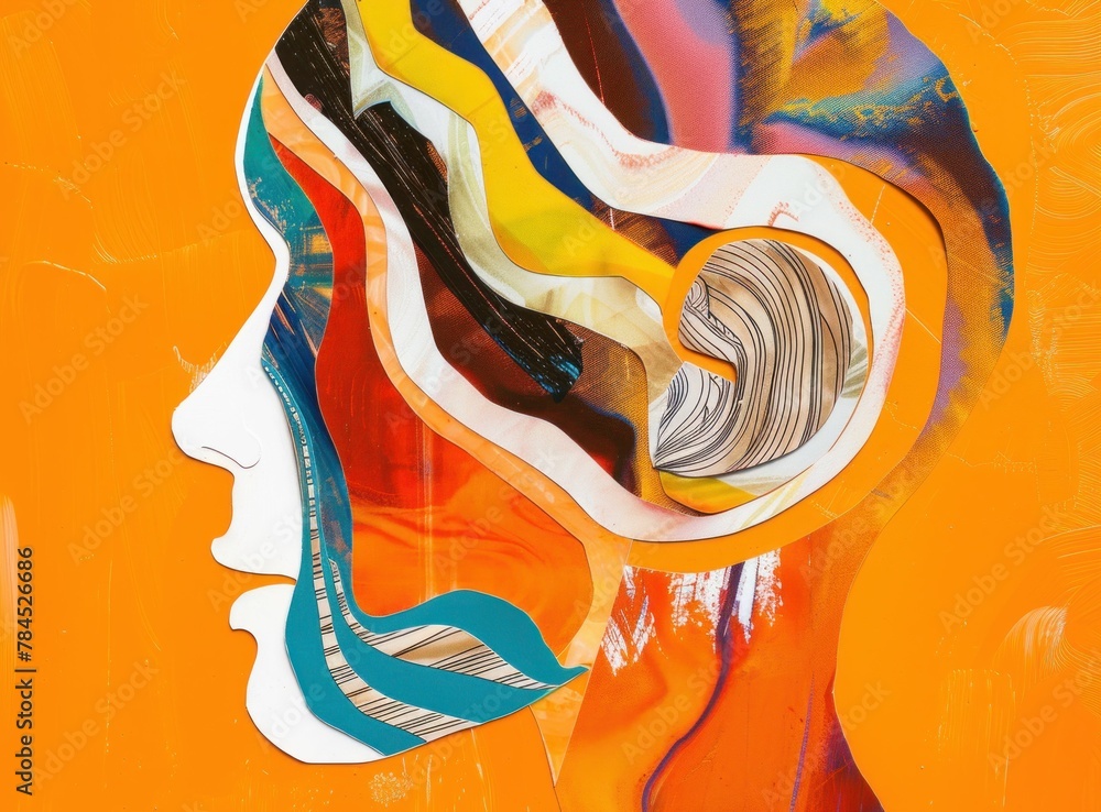 Poster colorful abstract portrait of a man with swirling patterns on his face, symbolizing complexity and e