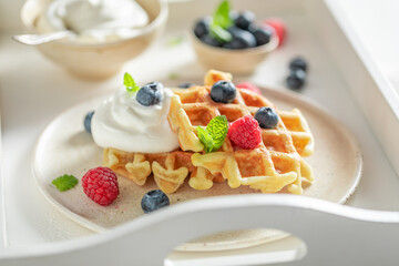 Homemade and delicious waffles with with whipped cream and berries.