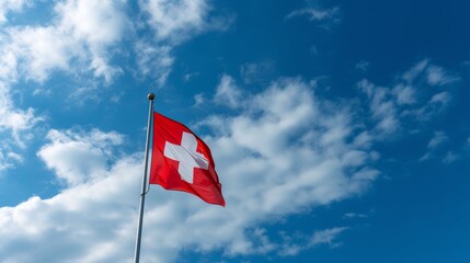 Swiss flag waving against blue sky,&nbsp;copy space