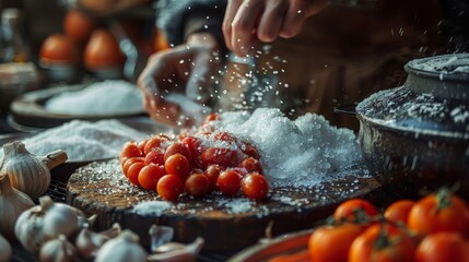 a person sprinkling salt on tomatoes