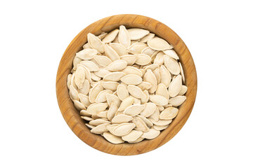 White pumpkin seeds in a plate, top view. Isolated on white background.