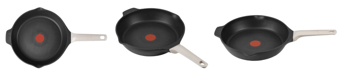Modern empty cast frying pan with ceramic non-stick coating isolated on white background. Сookware kitchen tool.