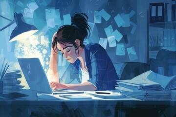 Illustration of a stressed, multitasking businesswoman working on a laptop in her office to meet a deadline. 
