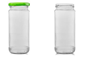 Collection of glass jars for food and preservation isolated on white background.