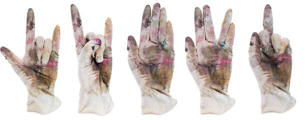 Various symbols with fingers, in a rubber glove. Isolated on white background