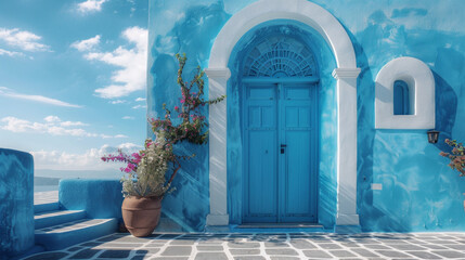 A blue door with a white trim sits in front of a blue building