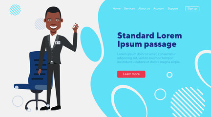 African American boss with OK gesture. Flat vector illustration. Business man in suit with badge standing near office armchair. Business, management, marketing concept for web design or landing page