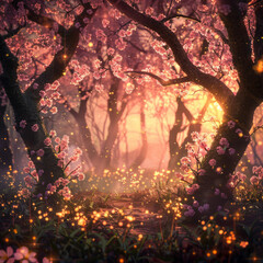 A forest with pink trees and flowers