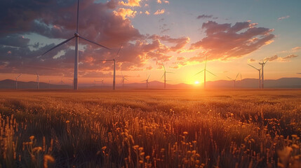 A field of wind turbines with a sunset in the background