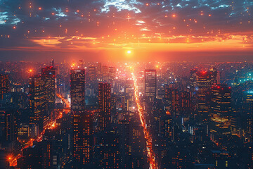 Sunset Over Urban Skyline: A Celebration of Business Connectivity and Global Networking