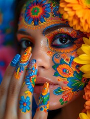 Close-up portrait of a woman with vibrant face paint and decorated nails, surrounded by yellow flowers. Mexico, Cinco de Mayo