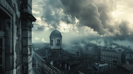 a rooftops of a city with a dome and smoke - obrazy, fototapety, plakaty
