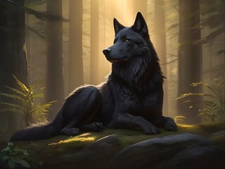 black wolf resting at night
