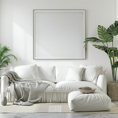 A white couch with a white blanket on it sits in front of a large white wall
