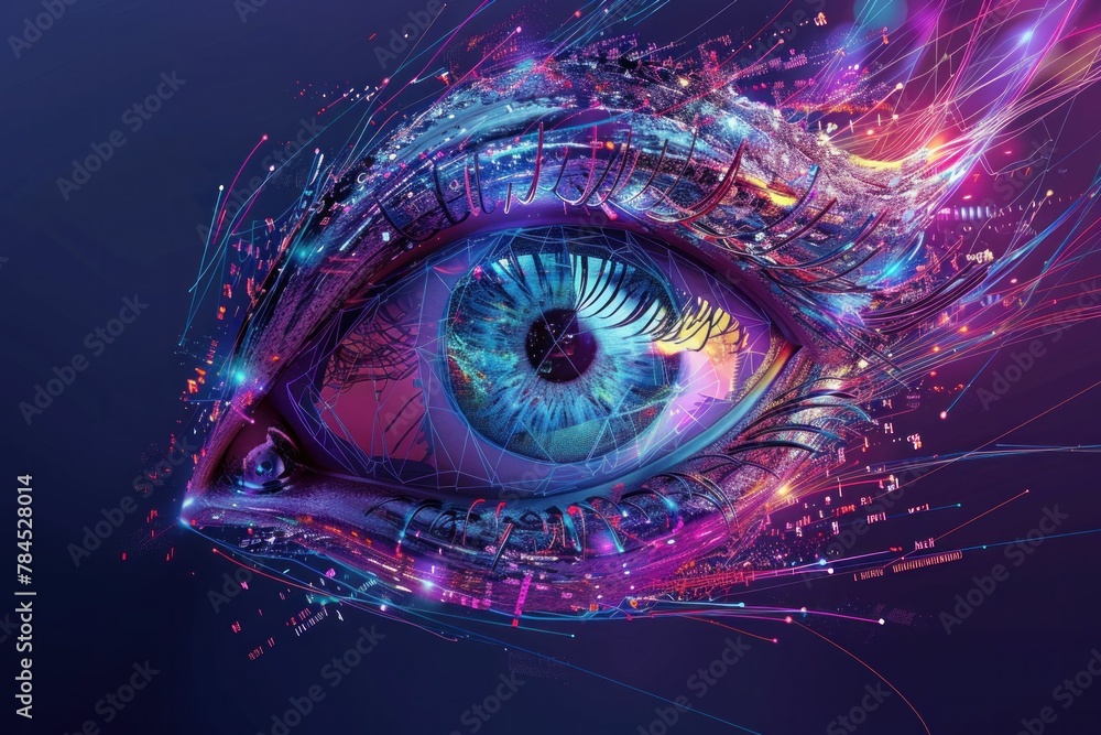 Poster abstract blue glowing eye surrounded by intricate lines and patterns, conceptual design element for 