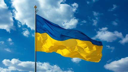 Ukrain flag waving against blue sky, copy space
