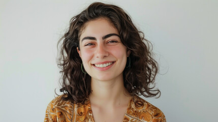 A woman with curly hair and a yellow dress is smiling